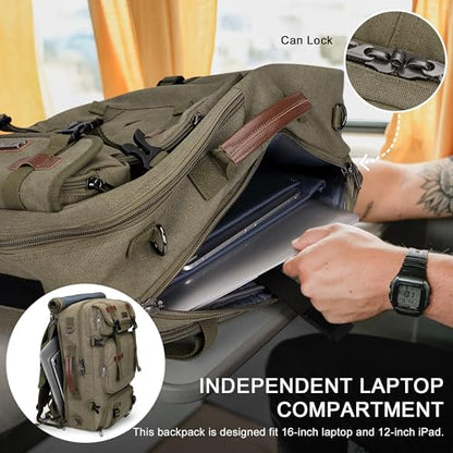 WITZMAN Travel Backpack for Men 40L Large Carry-on Airline Approved | Canvas 3 in 1 Duffle Luggage Bag Fits 16“ Laptop, Shoe Compartment, For Weekend Getaway, Overnight Trip - color: Army Green