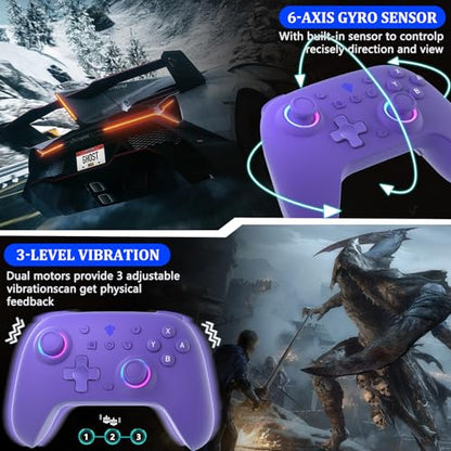 SZYUYU Switch Controller for Switch 2,Switch Pro Controller for Switch/OLED/Lite/PC with 7 Colors LED Light/3-level TURBO Adjustable,4-Speed Dual Vibration/Hall Effect Sticks/Wake Up/Gyro Axis Motion(Purple) - color: Purple