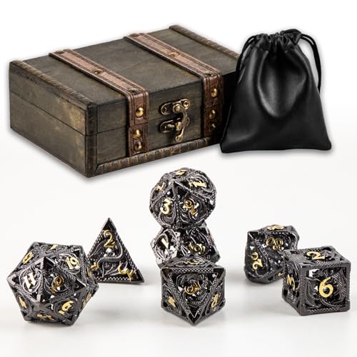 7PCS DND Dice Set, Premium Hollow Metal Polyhedral Dice with Treasure Chest & Dice Bag, Gift for Men & Women, Dungeons and Dragons, TTRPG RPG Tabletop Games (Black) - color: Black