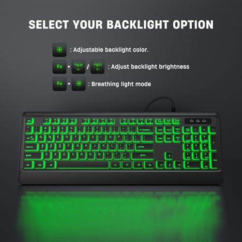 Luzarriba Backlit Computer Keyboards, Wired USB LED Keyboard with 7 Colors Backlight, Plug and Play, Waterproof, Full Size Quiet Computer Keyboard for Windows Desktop, PC, Laptop, Gaming - size: Medium