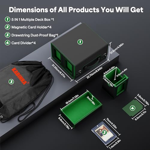 Kabinka Commander Deck Box for MTG with Handle, Multi Deck Case | with Large Dice Tray Fits 400+ Double-Sleeved Cards, 5 IN 1 TCG Card Storage Box, 35PT Card Holders (Black Green) - color: Black Green