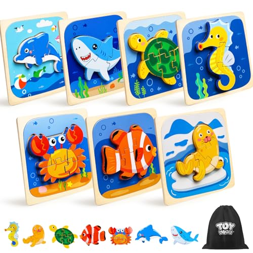 TOY Life Toddler Puzzles Ages 2-4, Wooden Puzzles for Toddlers 1-3, 7 Pcs Sea Animals Puzzle 2 Year Old, Montessori Toddler Boys Girls Toys 2-3, Educational Gift Learning Toys for 2 Year Old - style: Sea Animals