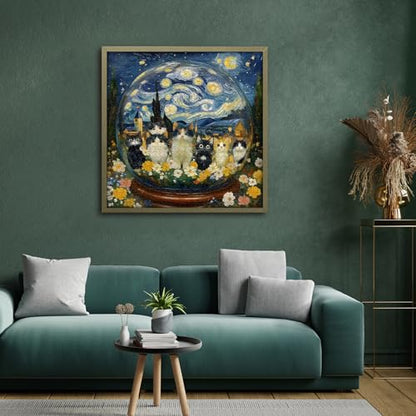 Cat Puzzles for Adults 1000 Pieces, Impossible Kitty Crystal Ball Flowers Jigsaw Puzzles, Van Gogh Starry Night Puzzle, Beautiful Kitten Floral Oil Painting Home Decor - style: Cats Crystal Ball puzzle