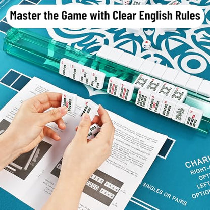 Goldge American Mahjong Tile Set – 166 White Tiles | 4 All-in-One Color Racks with Pushers, 3 Dice, Portable Blue Carrying Bag – Complete Mahjong Game Set – Blue - color: Blue