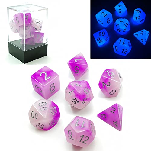 Bescon Two Tone Glowing Polyhedral Dice 7pcs Set Frosty Amethyst, Luminous RPG Dice Glow in Dark, DND Role Playing Game Dice - color: Frosty Amethyst
