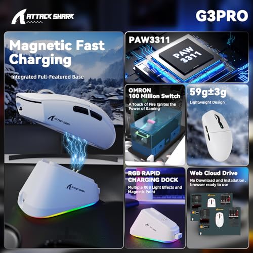 MAMBASNAKE ATTACK SHARK G3PRO Wireless Gaming Mouse, Tri-Mode, Bluetooth/2.4G/USB, 59g Ultra Lightweight,25K DPI,100M Clicks Switches,RGB Magnetic Charging Dock,PAW3311 Sensor,BK52820 Chip-White - color: White