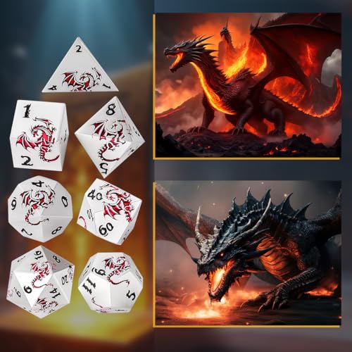 Metal Dice Set, Flat Face White Red Dragon Pattern, 7pcs Polyhedral Metal DND Dice Set, DND Starter Set, D&D Gifts with Gift Box, Role Playing Board Games Accessories, White - color: White+ Red