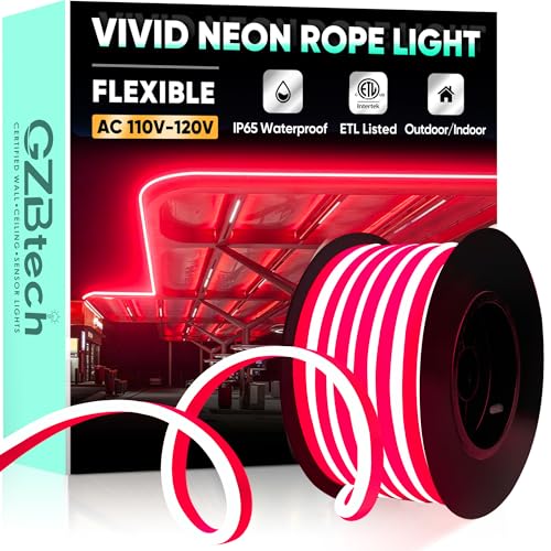 GZBtech Flexible LED Neon Rope Lights 33FT,AC 110-120V Waterproof Strip Light, 120 LEDs/M Cuttable Connectable Neon Lighting for Indoor Outdoor Home Decor/Commercial Building Use-Red 10M, ETL Listed - color: Red, size: 33FT