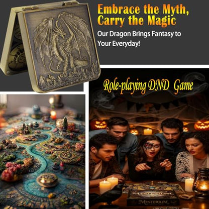 Metal DND Dice Set 7-in-1 D4-D20 3D Dragon Case Leather Bag Gold | 7 in 1 metal polyhedral dice. D4-D20 dnd spinner. 3D dragon case. Leather storage bag. Zinc alloy. DND RPG TTRPG gift. - color: Glod