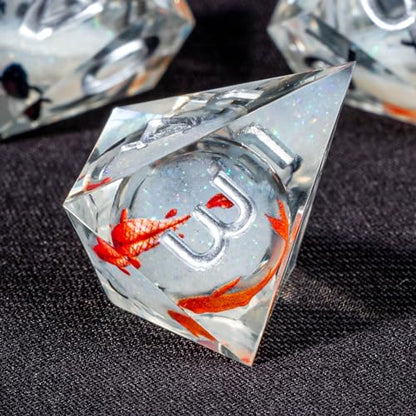 OUKELANWO Liquid Core Koi Fish DND Dice Set with Box, 7Pcs Sharp Edge Resin Role Playing D&D Dice, Ocean D and D D20 D12 D10 D8 D6 D4 Dice