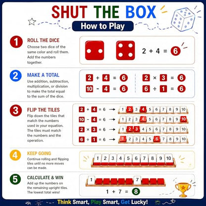 Shut The Box Math Board Game Wooden Dice Toy for 1-4 Players Kids Adults | Montessori STEM Education, Fine Motor Skills, Hand Eye Coordination, Preschool Development, Family Night, Camping Activity
