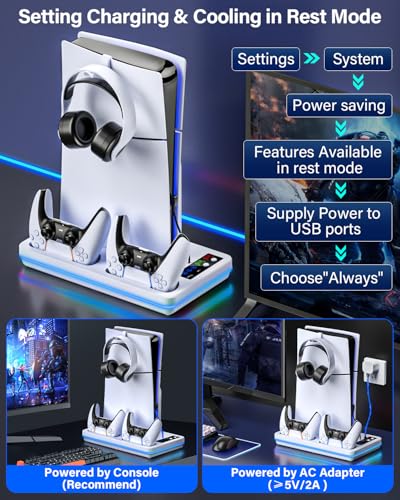 ZRZLMVP PS5 Slim/PS5 Stand and Cooling Station with Controller Charging Station for PlayStation 5 Slim&Standard Disc/Digital Consoles, PS 5 Cooler Accessories Incl Controller Charger, Cooling Fan
