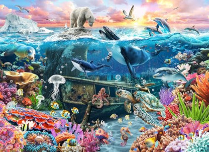1000 Piece Jigsaw Puzzle for Adults, Underwater Ocean Puzzle | Underwater Ocean Scene with Marine Life, Unique-Shaped Pieces, Color-Coded Back, 26.6 x 19.2 in - color: Two Worlds, One Ocean