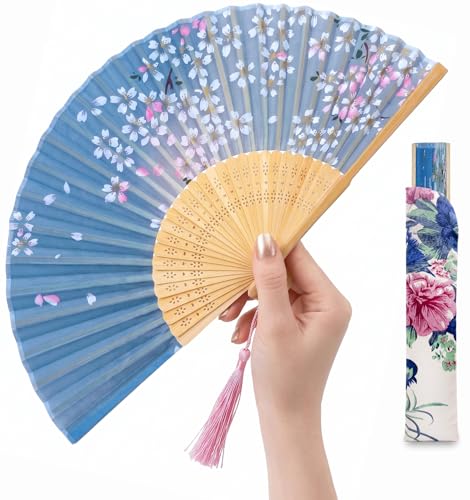 Folding Hand Fan for Women - Foldable Chinese Japanese Vintage Bamboo Silk Fan - for Hot Flash, Church, Decoration, EDM, Music Festival, Dance, Party, Performance, Gift (Sky Blue) - color: Sky Blue