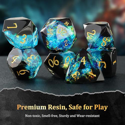 MoKo Resin DND Dice Set, 7PCS Sharp Edge Polyhedral, Dark Green+Blue | Gold Numbers, D&D RPG Tabletop Games, Gift Box Storage Bag, D20 D12 D10 D8 D6 D4 D% - color: 3 - Dark Green+blue