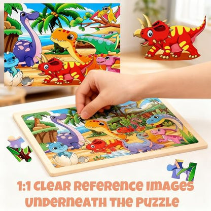 4 Packs 60 Piece Puzzles for Kids Ages 4-6, Wooden Animals Jigsaw Puzzles for Toddlers Age 4-8, Preschool Educational Puzzles Boards Toys, Brain Teaser Toys Gifts for 3 4 5 6 7 8 9 Boys Girls - style: Dinosaur