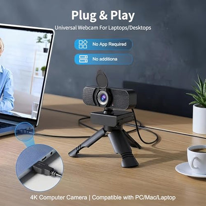 4K Webcam with Autofocus & Tripod, Camera for PC Laptop with Dual Microphone, USB Computer Camera with Low Light Correction, Auto White Balance, Video Camera for Streaming, Meetings, Office, Zoom - style: 4K-PDAF