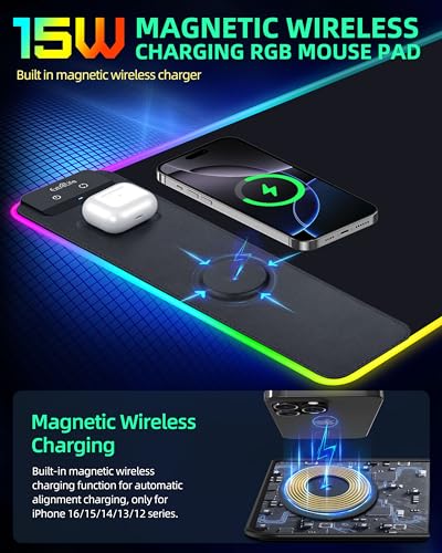 Wireless Charging Mouse Pad, RGB Gaming Desk Mat, 31.5"x15.7" | Large Desk Pad, 13 Light Modes, Ultra-Smooth Surface, Non-Slip Base, Waterproof Computer Keyboard Mat for PC, Laptop, Black - color: Black