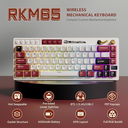 RK ROYAL KLUDGE M65 Wireless Mechanical Keyboard with Volume Knob, 60% Tri-Mode Gaming Keyboard 2.4G/BT/USB-C, Gasket Mount, Battery Display, PBT Keycaps, Hot-Swappable Cream Switch, White - color: red, size: cream switch
