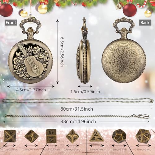 Mini DND Dice Set with Steampunk Hollow Bard Pocket Watch Shell Case, 7 PCS Metal Polyhedral D&D Dice Set, Xmas Gift with Gift Box, Role Playing Board Game Accessories, Bronze - color: Bard + Christmas Box