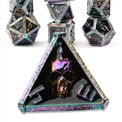 Metal DND Dice Set for D&D Dungeons and Dragons RPG Game Skull Wizard Theme Polyhedral Dice with Metal Gift Box for Dice Goblin Collectable Unique Skeleton Halloween Accessories (Iridescent) - color: Iridescent