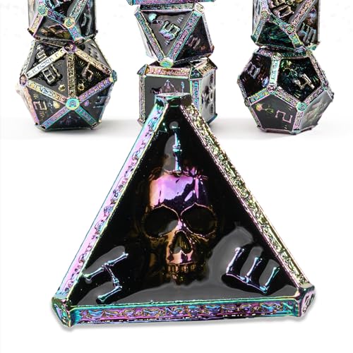 Metal DND Dice Set for D&D Dungeons and Dragons RPG Game Skull Wizard Theme Polyhedral Dice with Metal Gift Box for Dice Goblin Collectable Unique Skeleton Halloween Accessories (Iridescent) - color: Iridescent