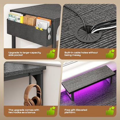 DurayLoly 47 x 24 inch Desk, 24mm Thick Heavy Duty Gaming Desk with RGB LED & Power Outlets, Detachable Stand, Hooks & Storage Bag, 110LBS Capacity, Home Office Computer Desk, Black - color: Black, size: 47 Inch