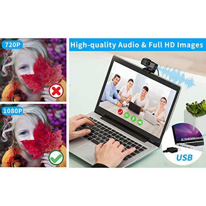 1080P HD Webcam with Microphone and Privacy Cover, USB Plug & Play Computer Camera, 120° Wide Angle Fixed Focus Web Camera for Video Conferencing, Online Learning, Streaming and Gaming