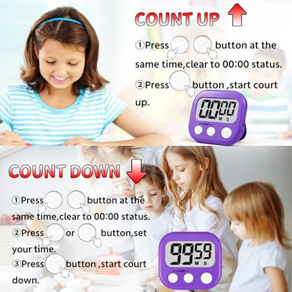 Timer for Kids Teachers Supplies Digital Kitchen Timers for Cooking Large Magnetic Classroom Timer 2Pack-Blue Purple - color: Blue Purple