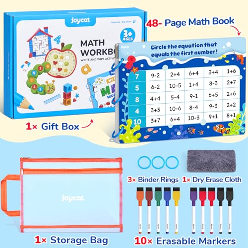 JoyCat Math Busy Book for Toddlers Reusable Preschool Workbook for Ages 3–8 | with 10 Dry-Erase Markers, Number Tracing & Counting Activity Book for Kids, Kindergarten Learning Activities, Travel-Ready - style: 5. Math