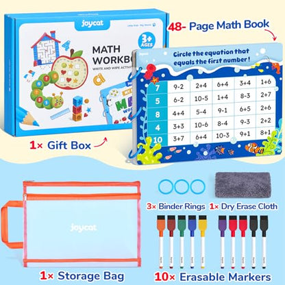 JoyCat Math Busy Book for Toddlers Reusable Preschool Workbook for Ages 3–8 | with 10 Dry-Erase Markers, Number Tracing & Counting Activity Book for Kids, Kindergarten Learning Activities, Travel-Ready - style: 5. Math