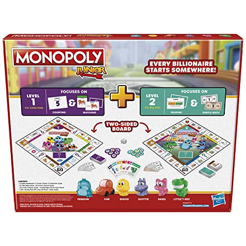 Hasbro Gaming Monopoly Junior Board Game, 2-Sided Gameboard, 2 Games in 1, Monopoly Game for Younger Kids Ages 4 and Up, Kids Games for 2 to 6 Players