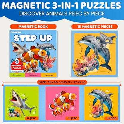 QUOKKA Step Up Magnetic Puzzles for Toddlers 1-3, Ocean Puzzle Set in One Book, Travel Games for Kids 3-5, Screen Free Toy for Toddlers and Preschoolers - color: Ocean