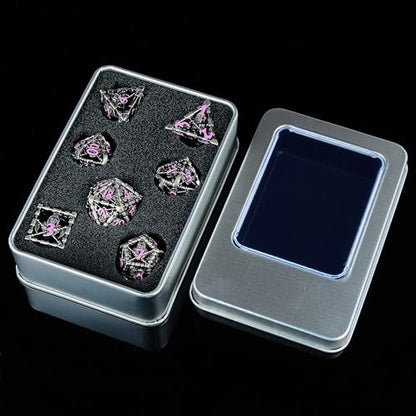 Hollow Grim Reaper Metal DND Dice Set, 7-Piece Polyhedral RPG Dice with Purple Numbers, 3D Hollow Wizard Skeleton Design with Metal Tin Box for D&D, RPGs, MTG, and Board Games - color: Hollow Wizard Silver