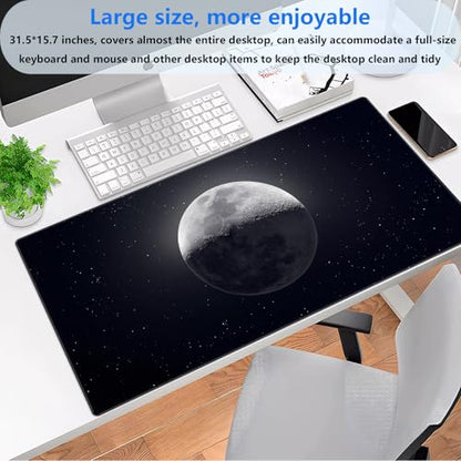 Black Moon Desk Mat, Astronomy XXL Large Gaming Mouse Pad 31.5x15.7 in | Aesthetic astronomy galaxy desk pad with 3mm dense cushion, smooth cloth top, and non-slip rubber base. - color: Moon