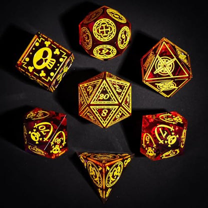 Cusdie 7-Piece Sharp Edges DND Dice Set with Pirate Design - Perfect for Tabletop RPGs Board Games Gifting and Collecting(Red w/Yellow Pirate Pattern) - color: Red W/Yellow Pirate Pattern