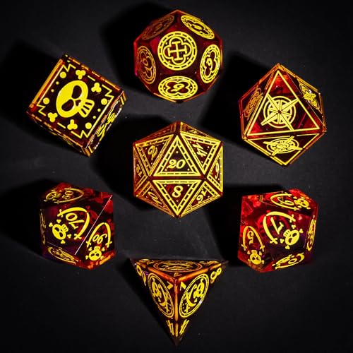Cusdie 7-Piece Sharp Edges DND Dice Set with Pirate Design - Perfect for Tabletop RPGs Board Games Gifting and Collecting(Red w/Yellow Pirate Pattern) - color: Red W/Yellow Pirate Pattern