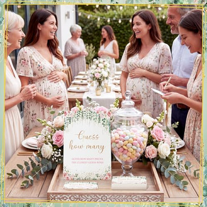 Rose Eucalyptus Guess How Many Baby Shower Game Pack of 1 Tabletop Sign with Stand and 50 How Many Cards, Blush Floral Gender Reveal Party Game Decorations - style: Rose Eucalyptus