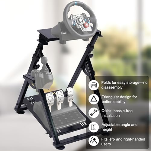 PLLOVOR racing wheel stand Foldable with Triangular Base, Adjustable Height and Angle, Handbrake Compatible for Logitech G27 G29 G920 G923, Thrustmaster T300 T248, Fanatec Racing Simulator Cockpit
