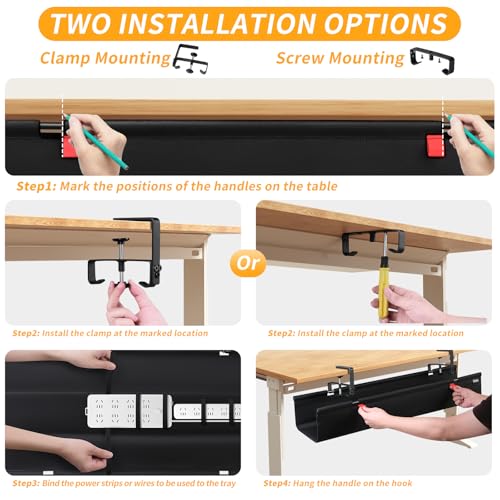 Under Desk Cable Management Tray No Drill, 28Inch Cable Management,Black | Clamp and Screw Mount Cable Management Tray, Extra Large Capacity Desk Cable Management, Fabric Wire Management for Office - color: Black, size: 28"L x 5.5"W