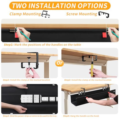 Under Desk Cable Management Tray No Drill,48Inch Cable Management,Black | Clamp and Screw Mount Cable Management Tray, Extra Large Capacity Desk Cable Management, Fabric Wire Management for Office - color: Black, size: 48"L x 5.5"W