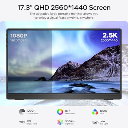 MNN 17.3" QHD 165Hz USB-C HDMI Gaming Monitor | 17.3" QHD 165Hz IPS 100% sRGB, USB-C/HDMI, kickstand, slim metal, travel gaming for PC/Phone/PS5/Xbox. - size: 17.3" 2.5K