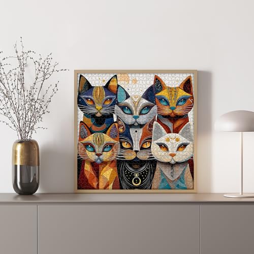Cat Puzzles for Adults 1000 Pieces, PICKFORU Abstract Cat Jigsaw Puzzle, Animal Funny Kitty Challenge Puzzle Kitten