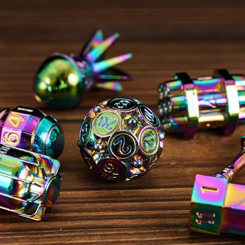 UDIXI Metal Dice Set D&D 7PCS RPG Polyhedral Metal DND Dice Set Rainbow | Bomb Shape, Solid Metal, Cool Design, Leather Pouch Pakaging, for Dungeons and Dragons Role Playing Games Tabletop Game - color: Colorful