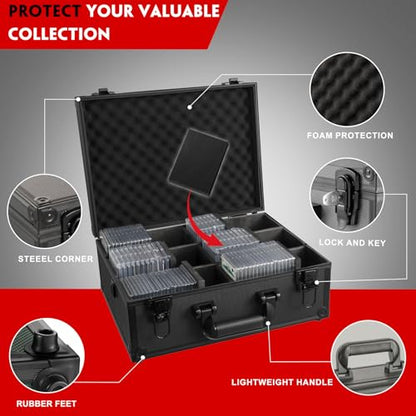 Graded Card Storage Box, 6 Row black Hard Slab Case Trading Card Holder | Super load-bearing aluminum case,Fits 156 PSA/BGS/SGC graded cards Features lock, 6 foam dividers & shoulder strap - color: Black-6 Rows