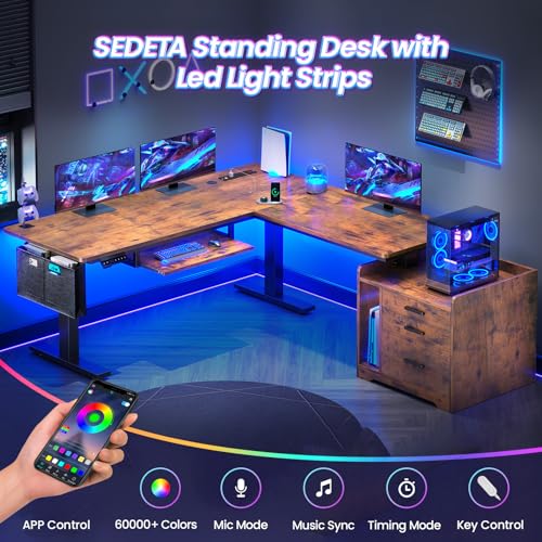 SEDETA L Shaped Standing Desk with File Cabinet, 3 Drawers, Power Outlet | 63 x 53'' Electric Height Adjustable Computer Desk with Led Lights for Home Office, Gaming Room, Rustic Brown - color: Rustic Brown, size: 63 x 53'' L Shaped Standing Desk
