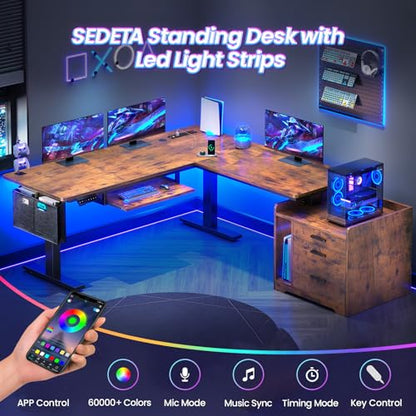 SEDETA L Shaped Standing Desk with File Cabinet, 3 Drawers, Power Outlet | 63 x 53'' Electric Height Adjustable Computer Desk with Led Lights for Home Office, Gaming Room, Rustic Brown - color: Rustic Brown, size: 63 x 53'' L Shaped Standing Desk