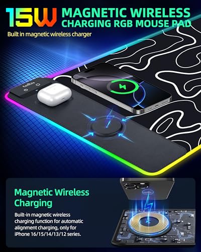 Wireless Charging Mouse Pad, RGB Gaming Mousepad, 31.5"x15.7" in | Extra Large Desk Mat, 13 Light Modes, Non-Slip Rubber Base, Waterproof Computer Keyboard Mat, Black Topographic Line - color: Black Topographic