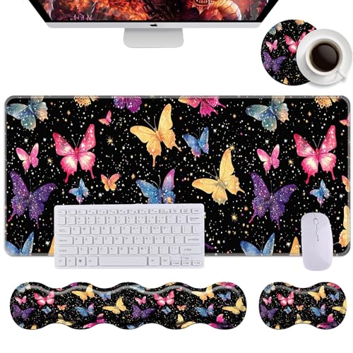 Keyboard Wrist Rest+Mouse Wrist Pad+Desk Pad Set,Memory Foam Ergonomic Easy Typing Pain Relief for Computer Laptop Office Home - Butterfly - color: Butterfly