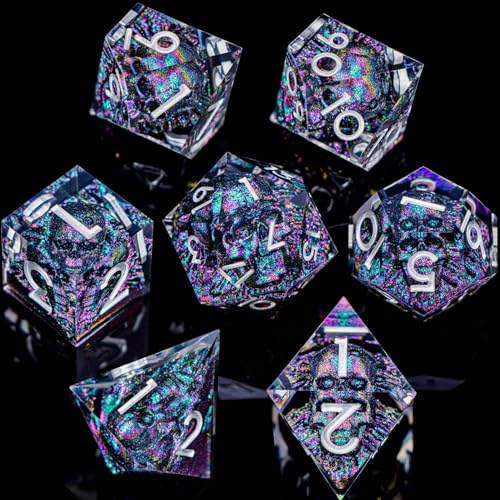 DND Skull Dice Set 7PCS Necromancer Polyhedral Dice for Dungeons Dragons RPG Role Playing Game, Resin Sharp Edged D and D Dice with Gift Box D6 D8 D10 D12 D20 (Green Purple) - color: Purple Green&silver